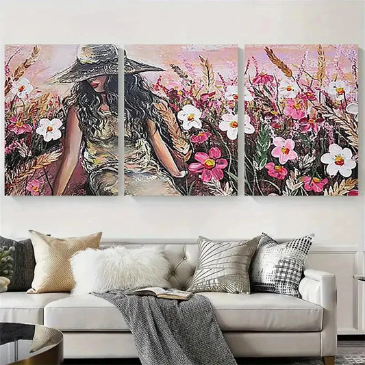 3pcs Elegant Fashion Woman with Hat Wall Art Set Canvas Framed 40x60cm - High Quality Print 100% Australian Made Wall Canvas Ready to Hang