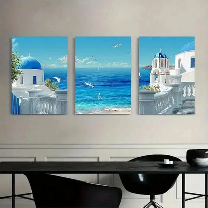 3pcs White & Blue Mediterranean Sea View Metal Print Ready to Hang Art - Bella Home Decor