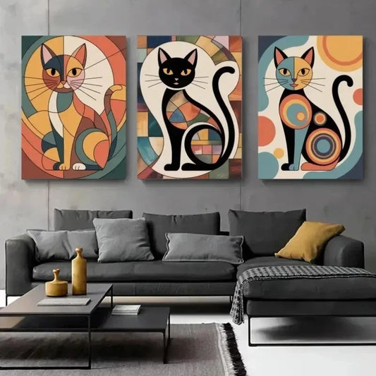 3pcs Abstract Cat Geometric Shapes, Color Block wall Art Set Canvas Framed 50x70cm - High Quality Print 100% Australian Made Wall Canvas Ready to Hang