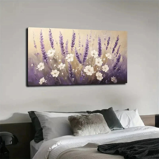 White Flowers & Purple Lavender Wall Art Canvas Office Home Room Framed 120x60cm