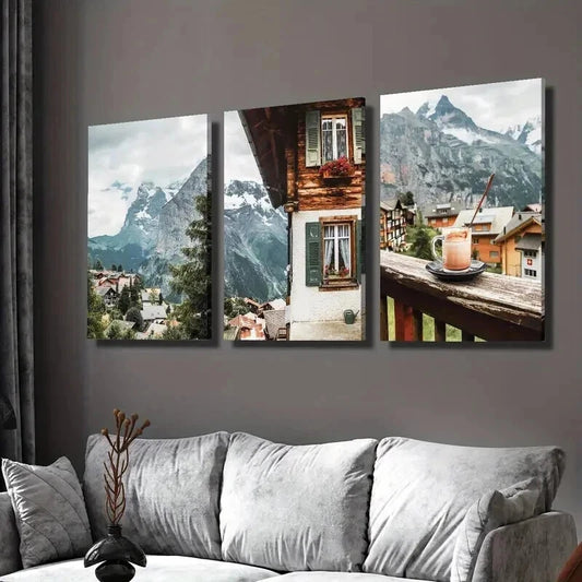 3pcs Café Terrace with View of Swiss Jungfrau Wall Art Set Canvas Framed 50x70cm - High Quality Print 100% Australian Made Wall Canvas Ready to Hang