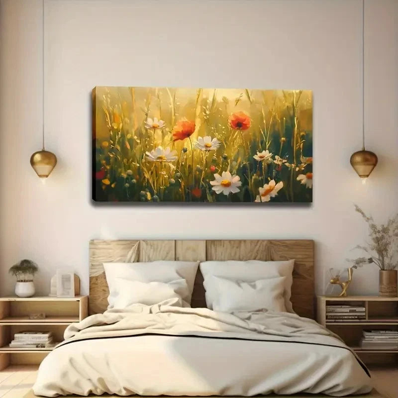 Rustic Meadow Scene Warm Wall Art Canvas Office Home Room Framed 120x60cm - Bella Home Decor