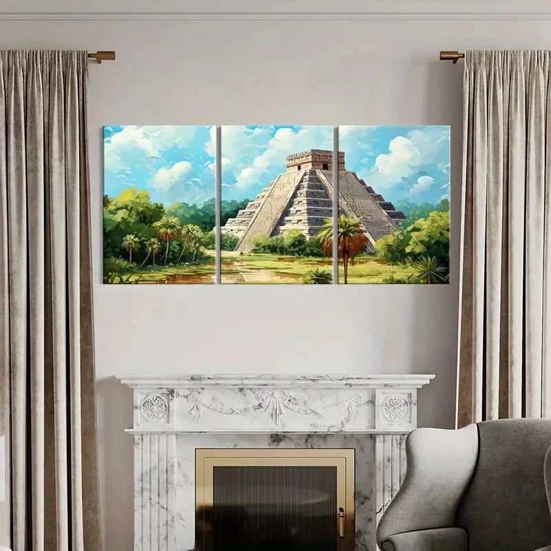3pcs Mayan Pyramid Ancient Civilization Metal Print Ready to Hang Art - Bella Home Decor