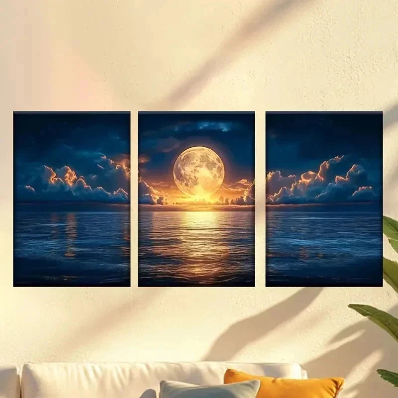 3pcs a full moon over the ocean with clouds Wall Art Set Canvas Framed 60x90cm - High Quality Print 100% Australian Made Wall Canvas Ready to Hang - Bella Home Decor