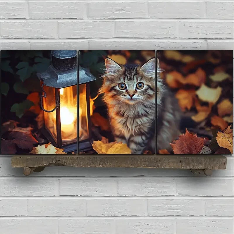 3pcs Kitten And Lantern Autumn Leaves Metal Print Ready to Hang Art - Bella Home Decor