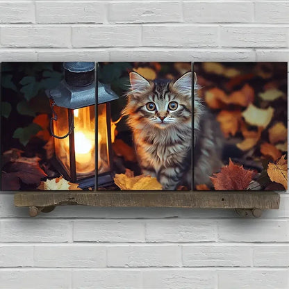 3pcs Kitten And Lantern Autumn Leaves Metal Print Ready to Hang Art - Bella Home Decor