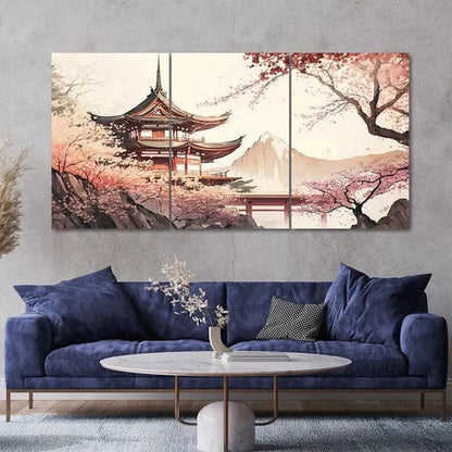 3pcs Chinese Temple Scenery Art with Golden Wall Art Set Canvas Unframed - High Quality Print 100% Australian Made Wall Canvas