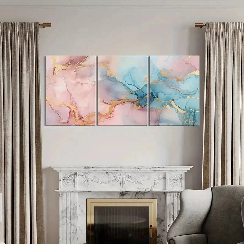 3pcs Marble Texture Abstract Art Golden Accents Metal Print Ready to Hang Art - Bella Home Decor