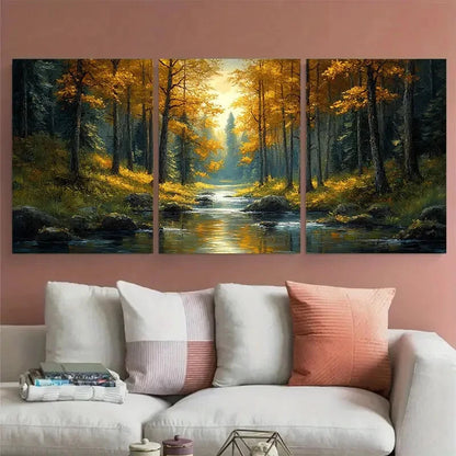 3pcs Forest of Trees with a River Landscape Metal Print Ready to Hang Art - Bella Home Decor