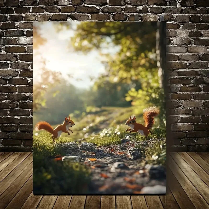 Squirrels Chasing Each Other on Sunny Painting 40x60cm Metal Print Ready to Hang - Bella Home Decor