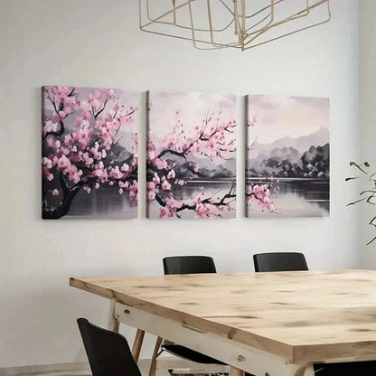 3pcs Cherry Blossoms Lake & Mountain Landscape Wall Art Set Canvas Framed 40x60cm - High Quality Print 100% Australian Made Wall Canvas Ready to Hang - Bella Home Decor