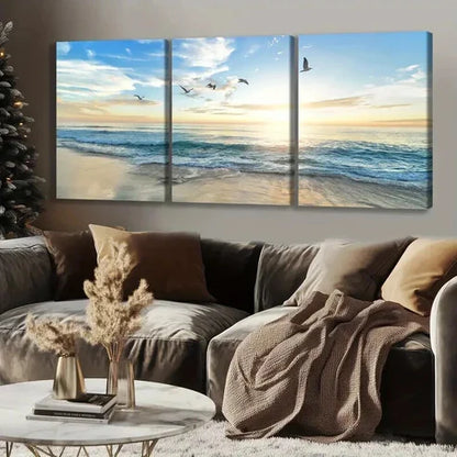 3pcs Modern Beach Sunset with Birds & Waves Wall Art Set Canvas Unframed - High Quality Print 100% Australian Made Wall Canvas