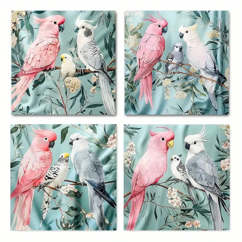 4pcs Vibrant Pink & Grey Parrots  Wall Art Canvas Framed