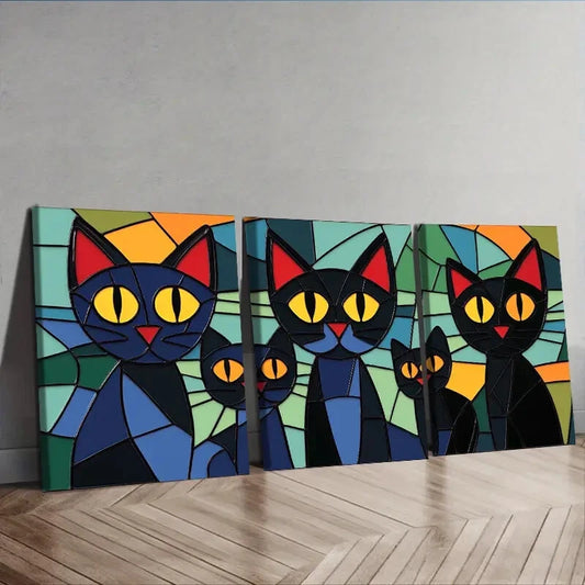 3pcs Black Cats Family Wall Art Set Canvas Framed 40x60cm - High Quality Print 100% Australian Made Wall Canvas Ready to Hang