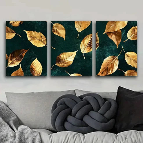 3pcs Dark Green Golden Leaves Design Wall Art Canvas Unframed - High Quality Print 100% Australian Made Wall Canvas - Bella Home Decor