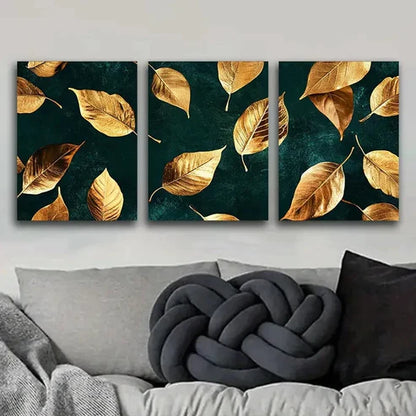 3pcs Dark Green Golden Leaves Design Wall Art Canvas Unframed - High Quality Print 100% Australian Made Wall Canvas - Bella Home Decor