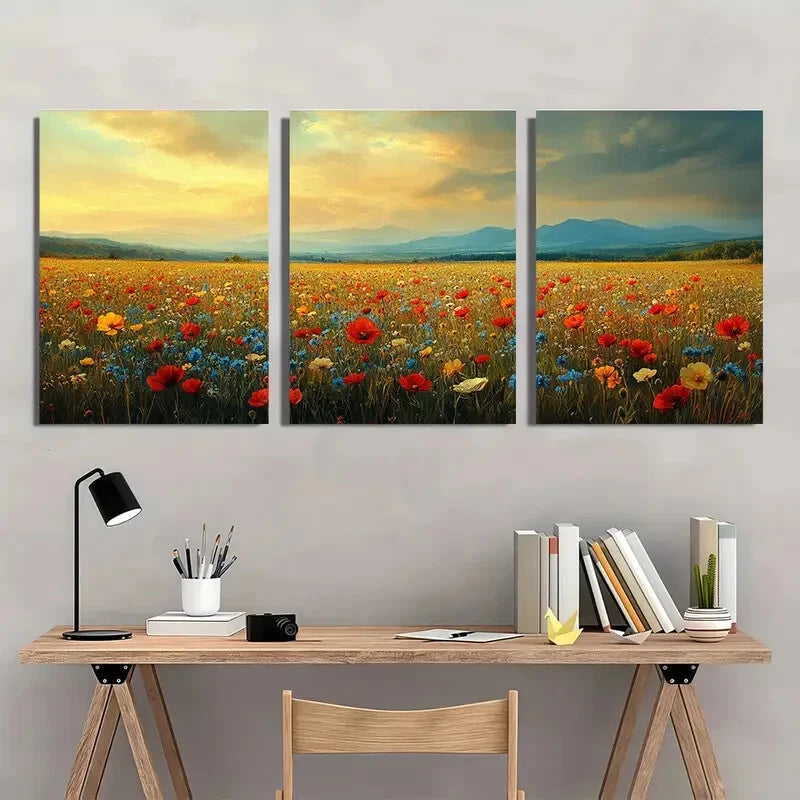 3pcs Vintage Wildflower Field Floral Landscape Metal Print Ready to Hang Art - Bella Home Decor