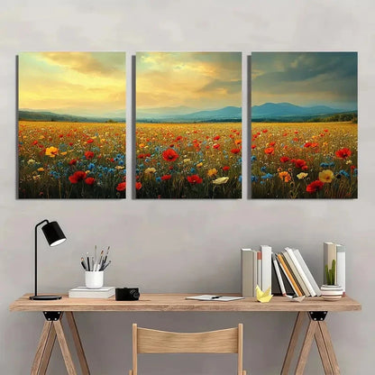 3pcs Vintage Wildflower Field Floral Landscape Metal Print Ready to Hang Art - Bella Home Decor
