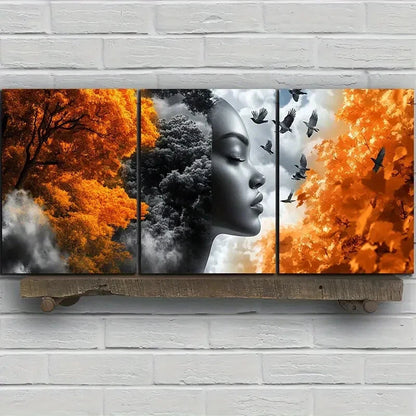 3pcs Trees and Women Golden Themed Flying Birds Metal Print Ready to Hang Art - Bella Home Decor