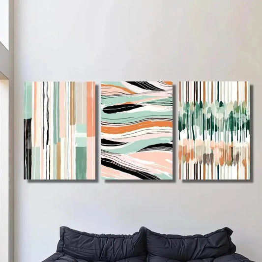 3pcs Colorful Striped Green & Pink Prints Metal Print Ready to Hang Art