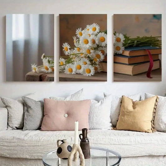 3pcs Daisy and Book Wall Art Set Canvas Framed 50x70cm - High Quality Print 100% Australian Made Wall Canvas Ready to Hang