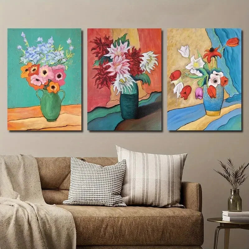3pcs Colorful Floral Botanical Modern Vase Metal Print Ready to Hang Art