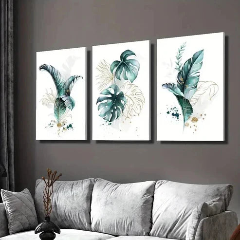 3pcs Golden Lines and Cyan Tropical Plants Wall Art Set Canvas Unframed - High Quality Print 100% Australian Made Wall Canvas - Bella Home Decor