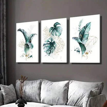 3pcs Golden Lines and Cyan Tropical Plants Wall Art Set Canvas Unframed - High Quality Print 100% Australian Made Wall Canvas - Bella Home Decor