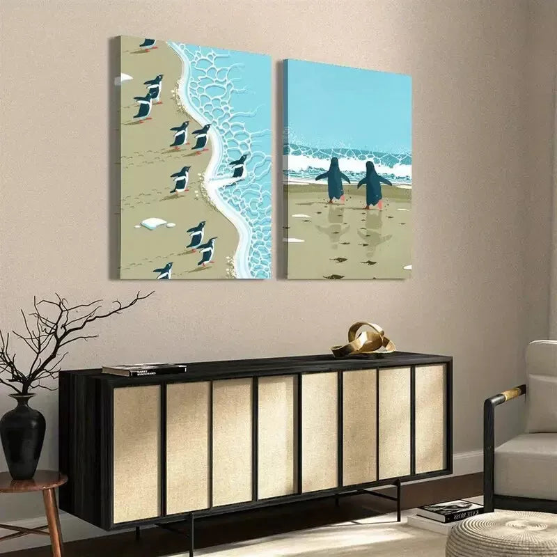 2pcs Penguins on the Beach, Minimalist Surreal Illustration Canvas Framed 50x75cm - High Quality Print 100% Australian Made Wall Canvas Ready to Hang - Bella Home Decor