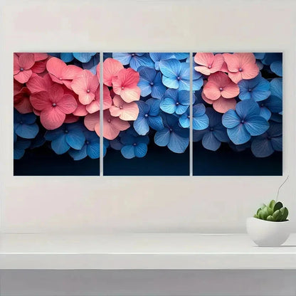 3pcs Hydrangea Flower Pink & Blue Floral Wall Art Metal Print Ready to Hang Art - Bella Home Decor
