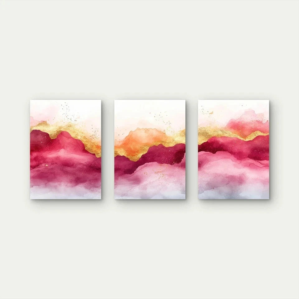 3pcs Golden Peaks In Crimson Mist Wall Art Set Canvas Framed 50x70cm - High Quality Print 100% Australian Made Wall Canvas Ready to Hang - Bella Home Decor