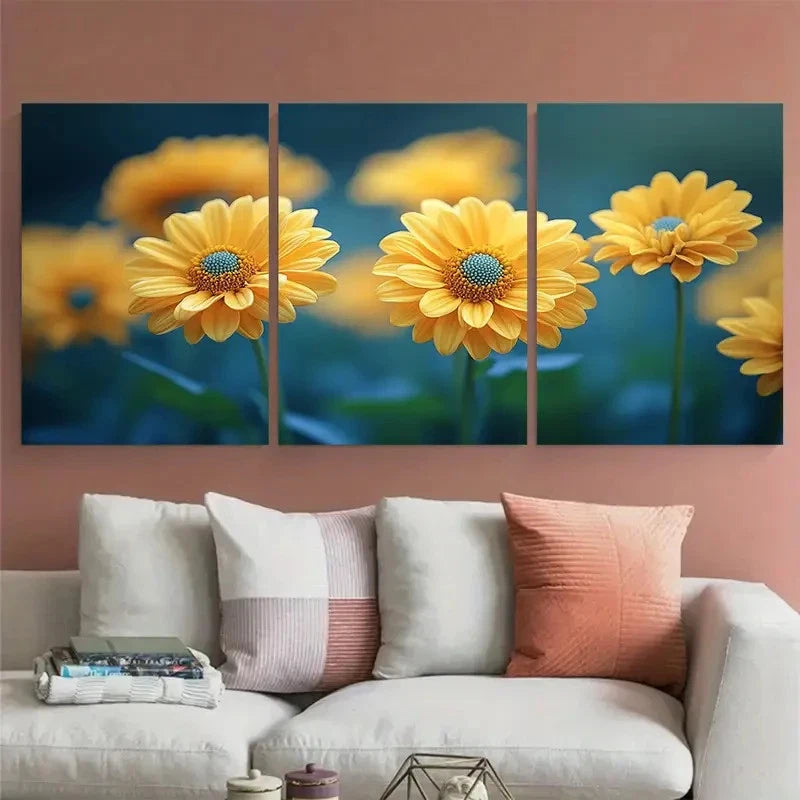 3pcs Bright Yellow Dahlberg Daisy Flower Design Wall Art Set Canvas Framed 40x60cm - High Quality Print 100% Australian Made Wall Canvas Ready to Hang - Bella Home Decor