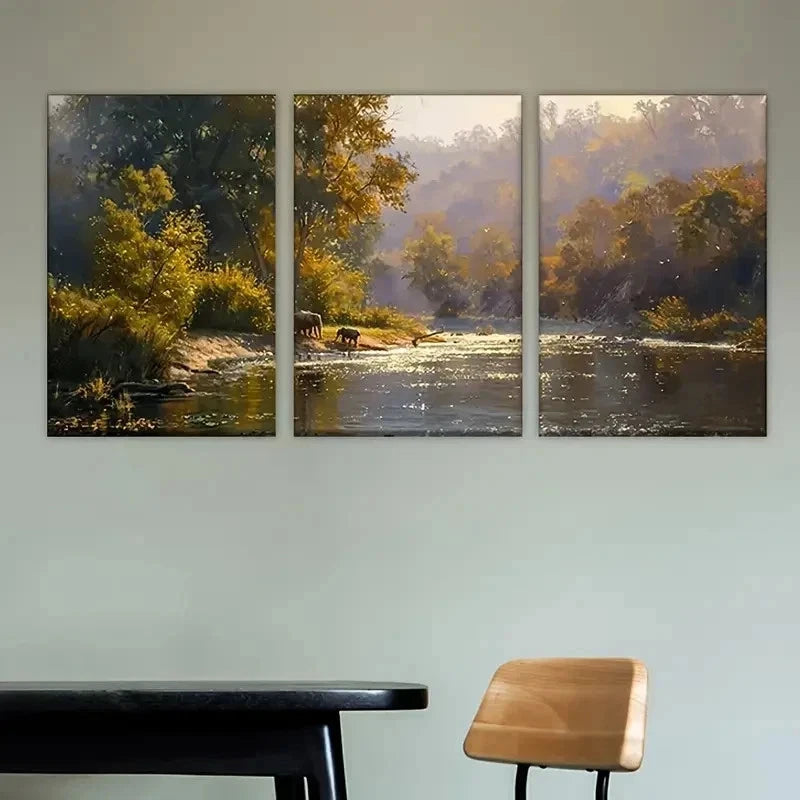 3pcs Vibrant Autumn Forest Scene with Deer Wall Art Set Canvas Framed 50x70cm - High Quality Print 100% Australian Made Wall Canvas Ready to Hang