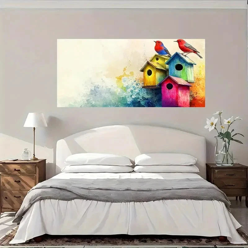 Colorful Birdhouses Wall Art Canvas Office Home Room Framed 120x60cm