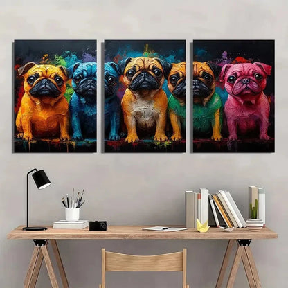 3pcs Colorful Pug Dog Faces Painting Wall Art Set Canvas Framed 60x90cm - High Quality Print 100% Australian Made Wall Canvas Ready to Hang - Bella Home Decor