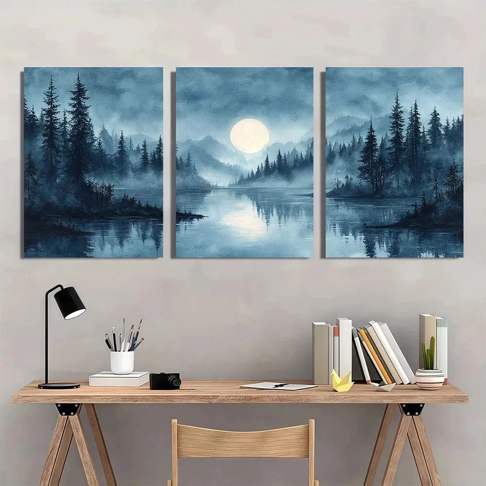 3pcs Misty Forest Abstract Vintage Style Serene Metal Print Ready to Hang Art - Bella Home Decor