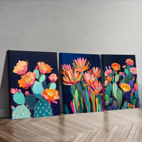 3pcs Vibrant Cactus Night Garden Wall Art Set Canvas Unframed - High Quality Print 100% Australian Made Wall Canvas
