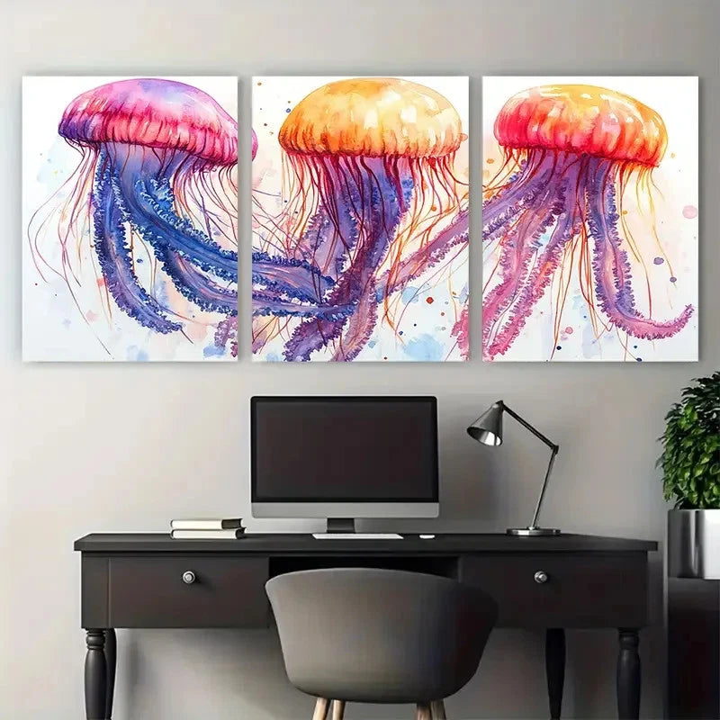 3pcs Colourful Illustrated Jellyfish Gracefully Wall Art Set Canvas Framed 40x60cm - High Quality Print 100% Australian Made Wall Canvas Ready to Hang - Bella Home Decor