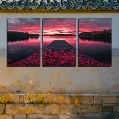 3pcs Red leaves cover the Dock Illustration Metal Print Ready to Hang Art