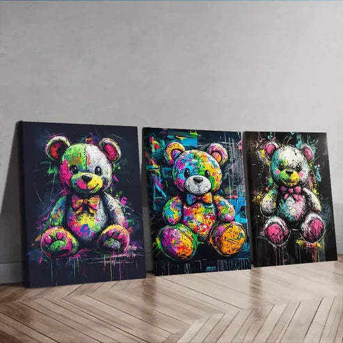 3pcs Colorful teddy bear graffiti Wall Art Canvas Unframed - High Quality Print 100% Australian Made Wall Canvas - Bella Home Decor