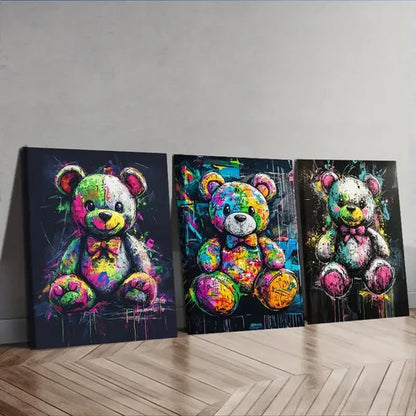 3pcs Colorful teddy bear graffiti Wall Art Canvas Unframed - High Quality Print 100% Australian Made Wall Canvas - Bella Home Decor