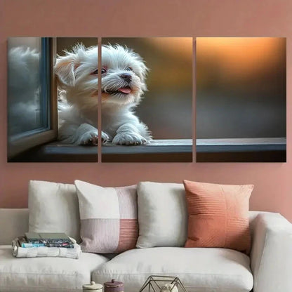 3pcs Cute White Dog Licking Window Metal Print Ready to Hang Art - Bella Home Decor