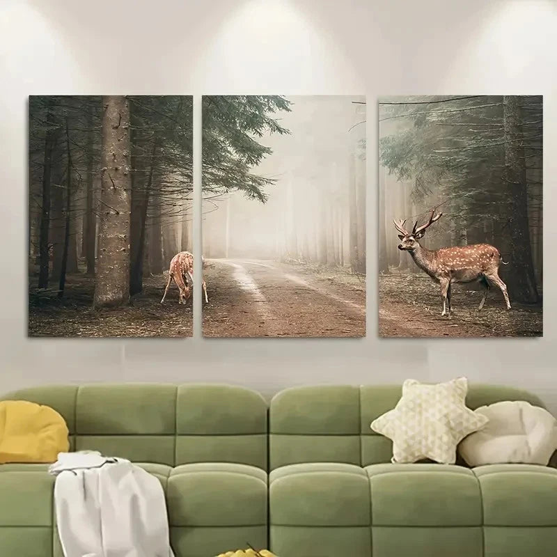 3pcs Snowy Pine Tree Scene with Red Deer Metal Print Ready to Hang Art