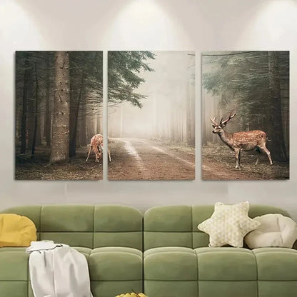 3pcs Snowy Pine Tree Scene with Red Deer Metal Print Ready to Hang Art