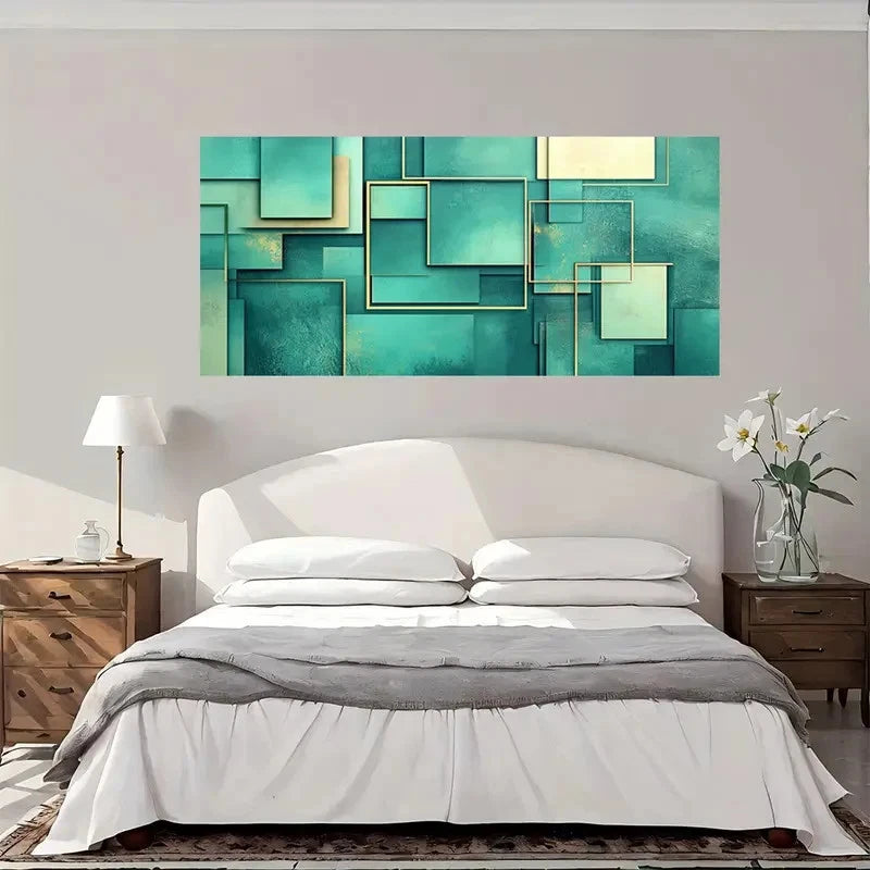Vintage Teal Green Golden Wall Art Canvas Office Home Room Framed 120x60cm