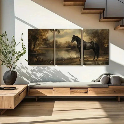 3pcs Black Horse Serene Lake Autumn Trees Metal Print Ready to Hang Art - Bella Home Decor