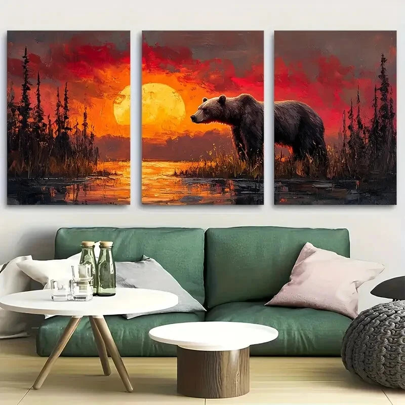 3pcs Grizzly Bear in Tundra Sunset Metal Print Ready to Hang Art