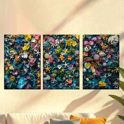 3pcs Vibrant Sea Shell and Coral Abstract Wall Art Canvas Unframed - High Quality Print 100% Australian Made Wall Canvas