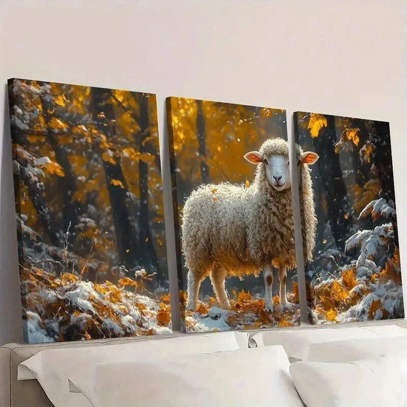 3pcs Lost White Sheep in the Forest Theme Wall Art Set Canvas Framed 60x90cm - High Quality Print 100% Australian Made Wall Canvas Ready to Hang - Bella Home Decor
