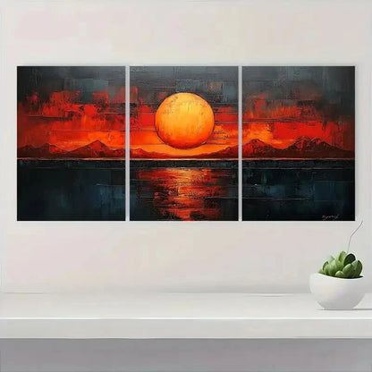 3pcs Abstract Sunset Beige & Brown Geometric Metal Print Ready to Hang Art - Bella Home Decor